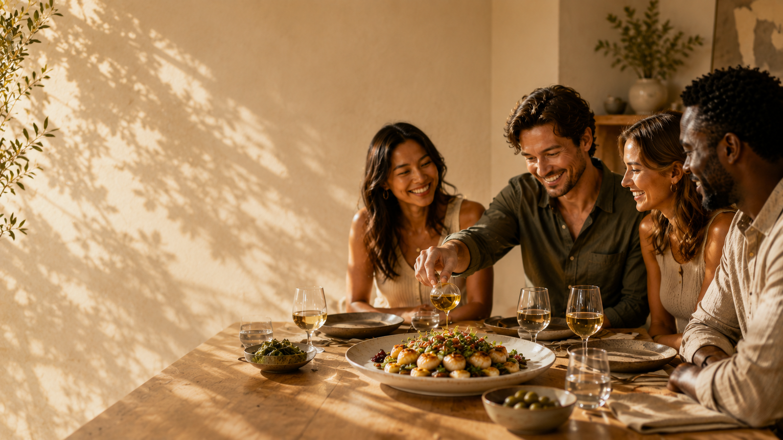 Friends sharing a meal around a sunlit table