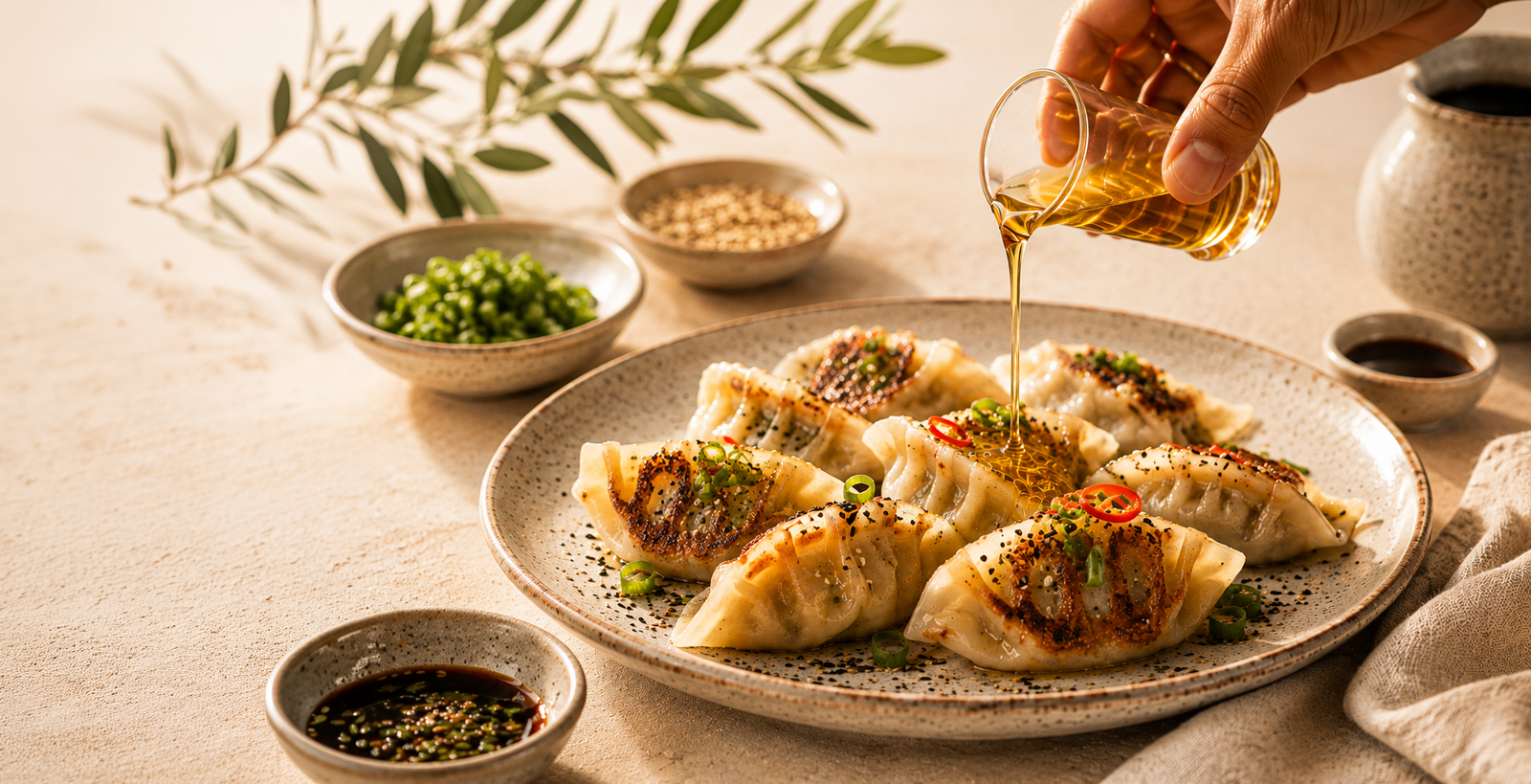Sesame oil poured over a plate of pan-fried dumplings