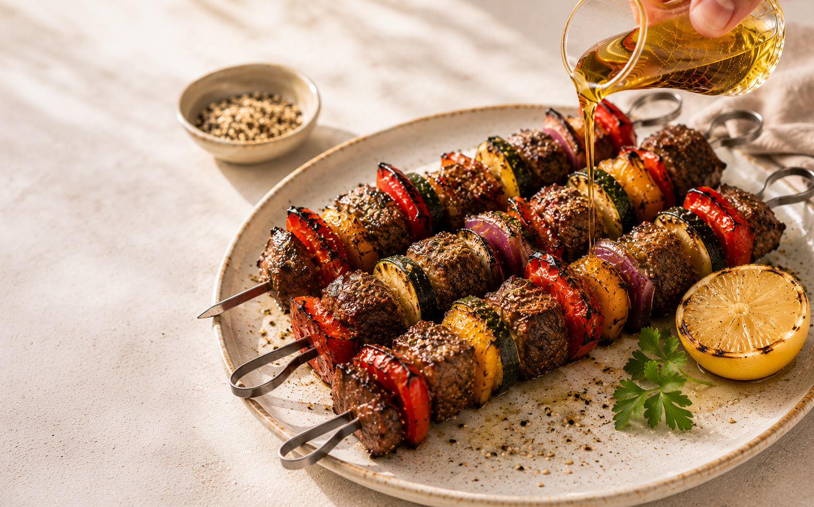 Grilled skewers finished with sesame oil
