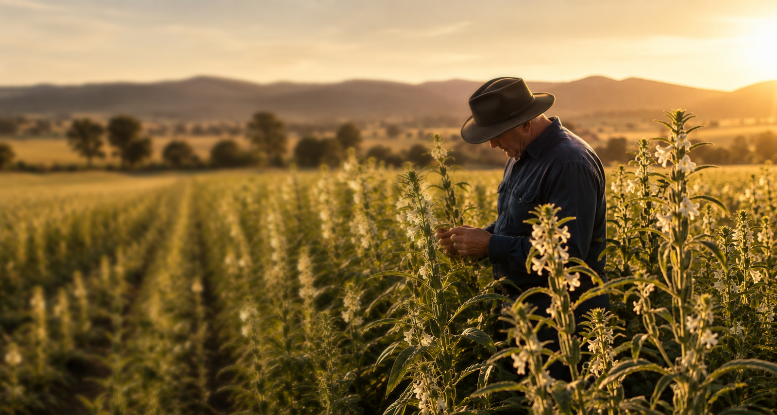 Man in a wide-brimmed hat inspecting flowering sesame plants in a field at golden hour, rolling hills in the background.