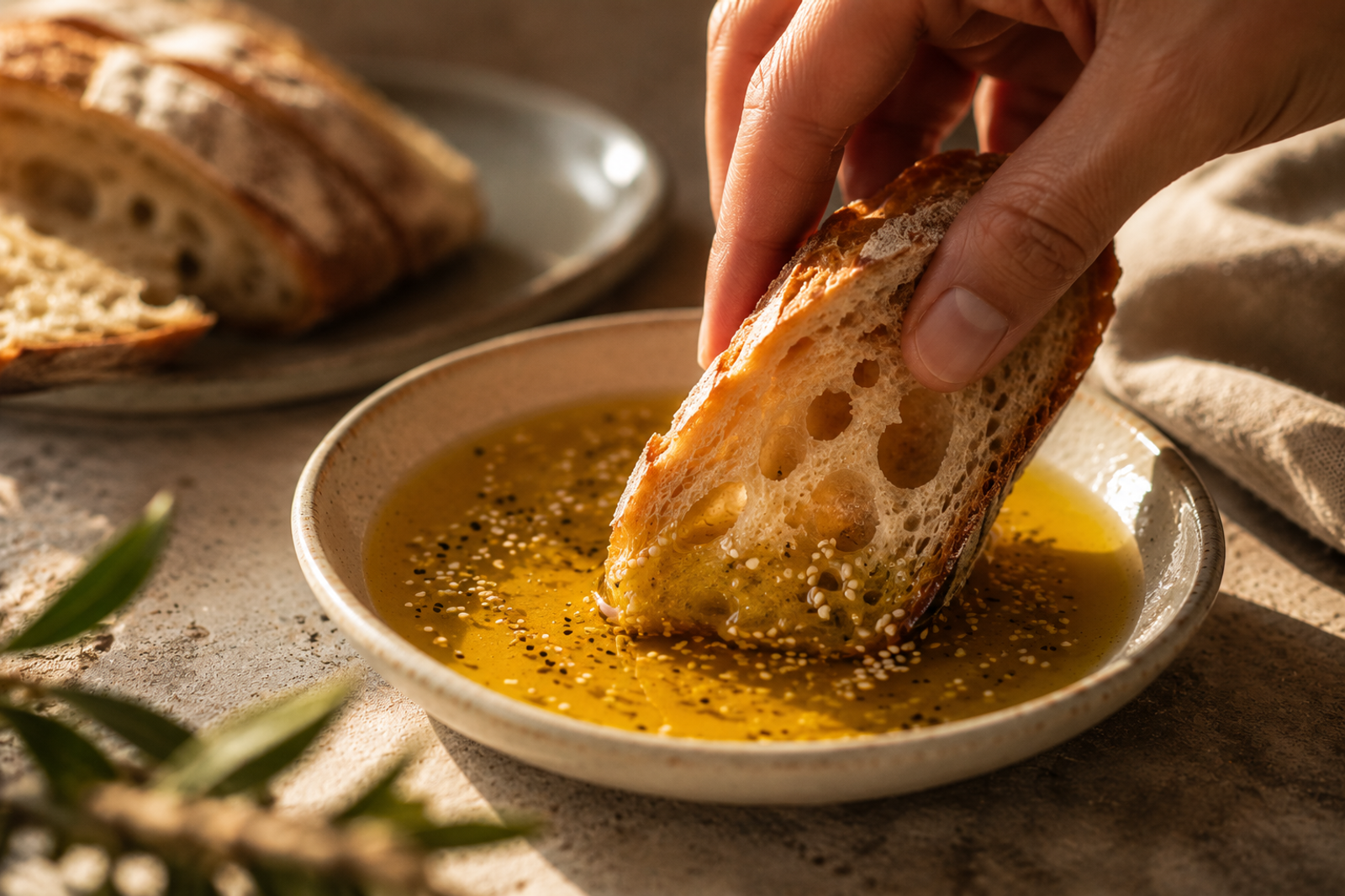 Sourdough being dipped into a bowl of sesame oil