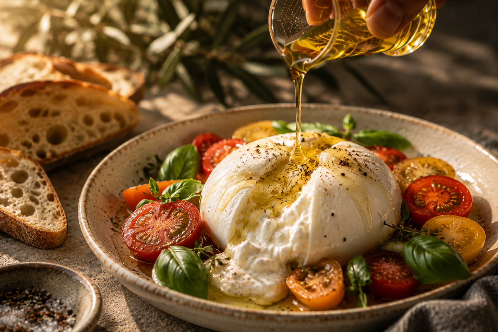 Burrata and tomatoes drizzled with sesame oil