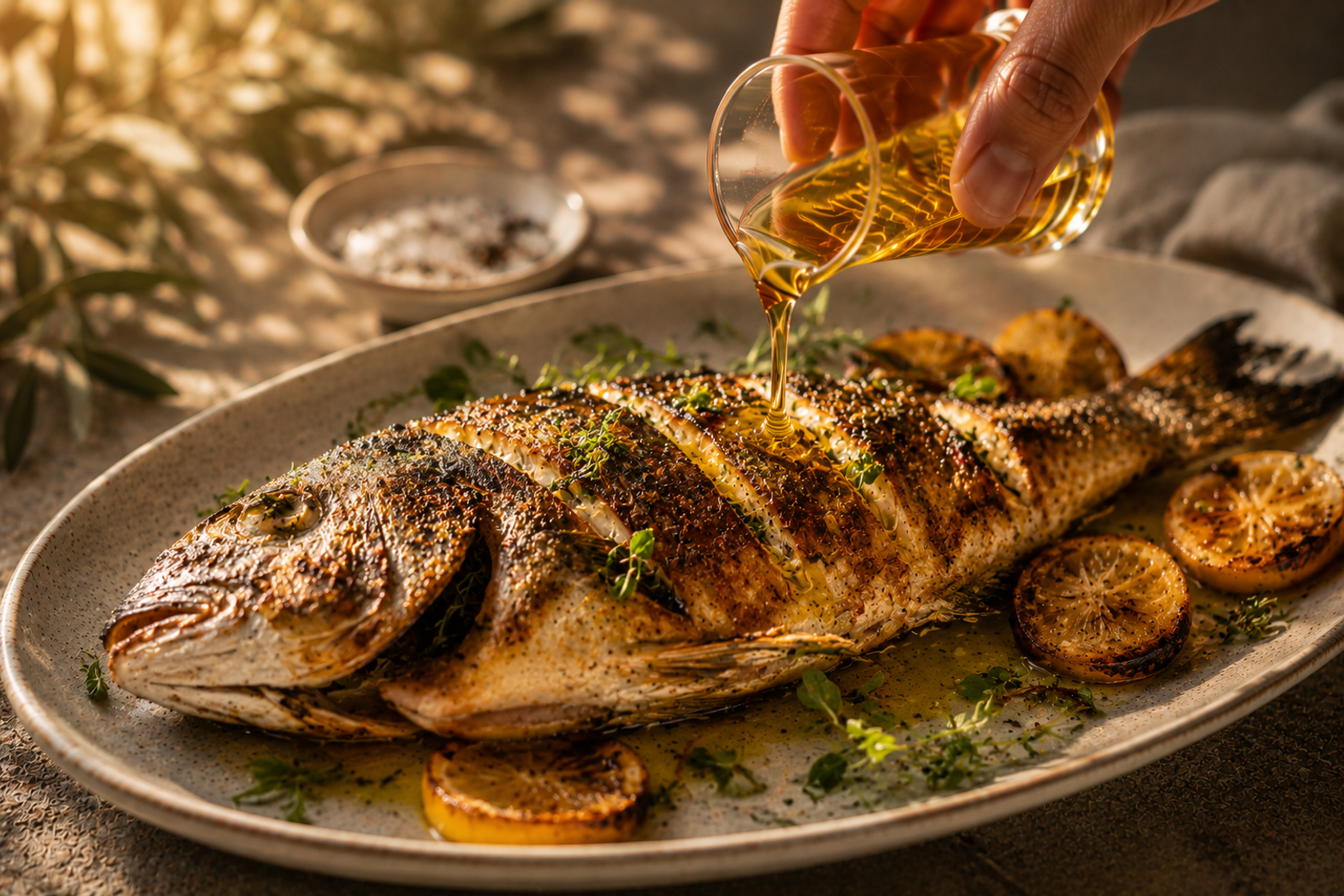 A whole roasted fish finished with sesame oil