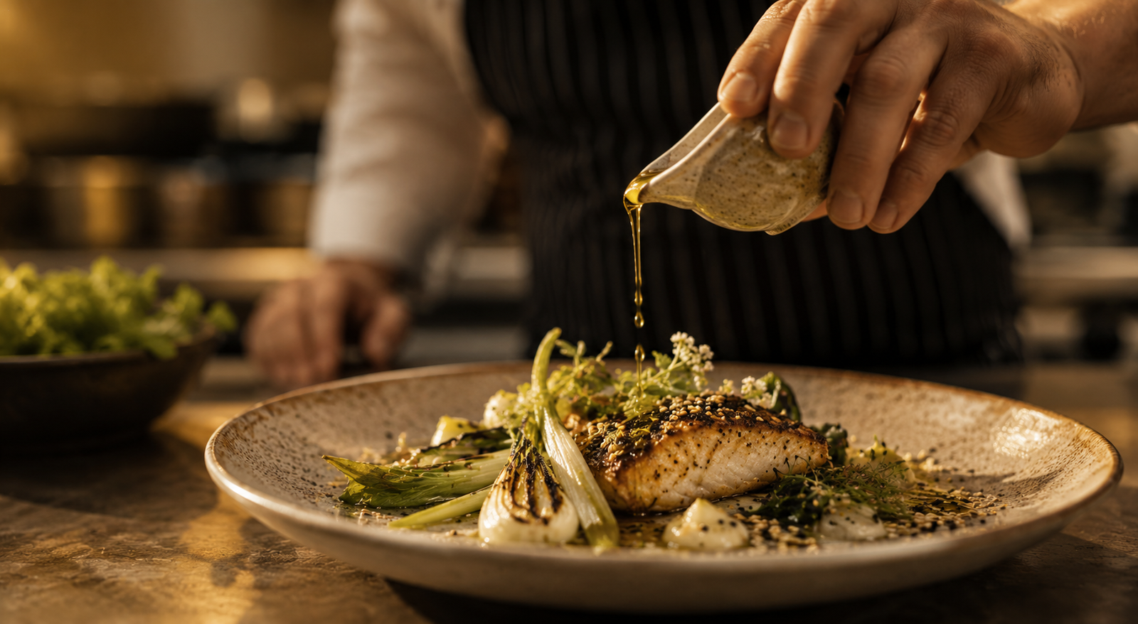 A chef's hand drizzles oil from a small glass jug onto a plated piece of seared fish with charred spring onion, in a dimly lit restaurant kitchen.