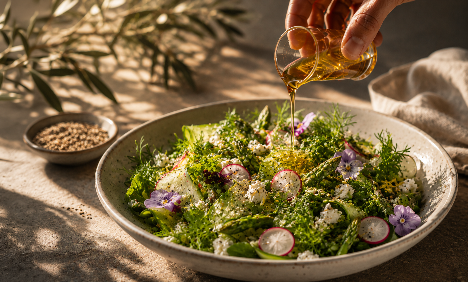 A herb and edible flower salad dressed with sesame oil