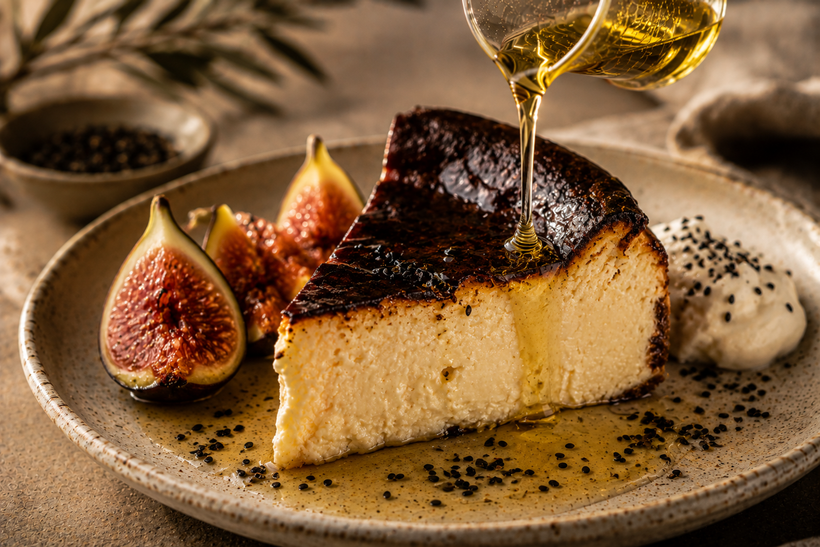 Basque cheesecake with figs and sesame oil
