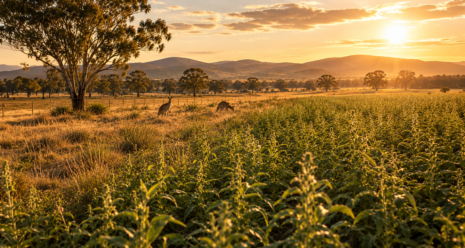 A wide sesame field at sunset with two kangaroos grazing near a large gum tree, rolling hills and scattered trees in the distance.