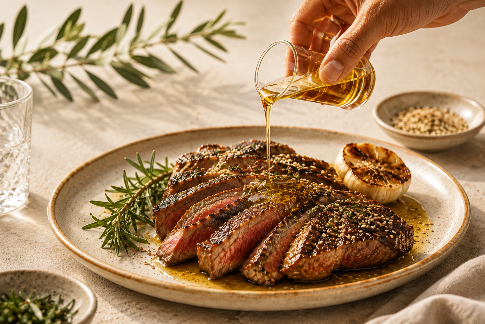 Sliced steak finished with sesame oil
