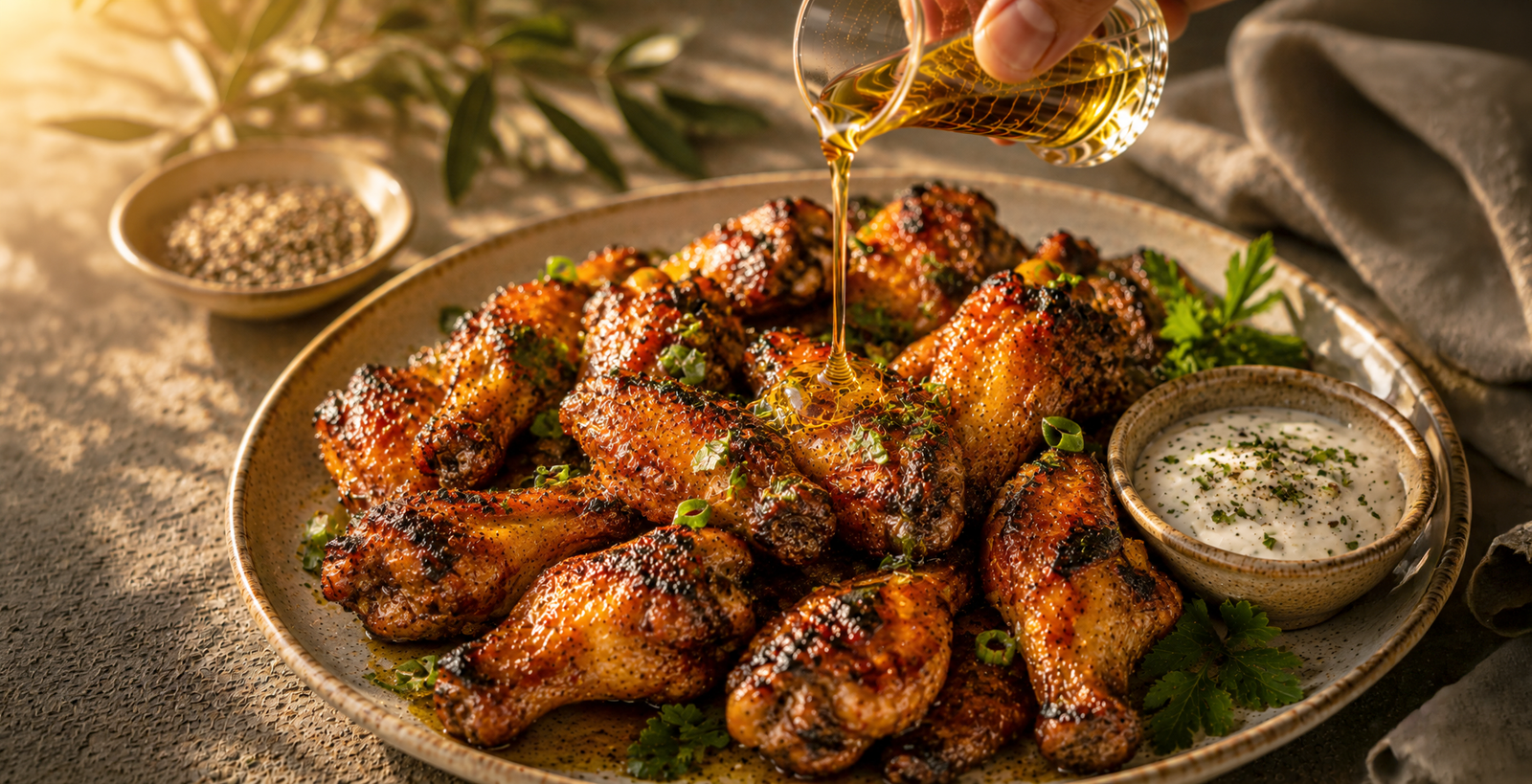 Glazed chicken wings drizzled with sesame oil