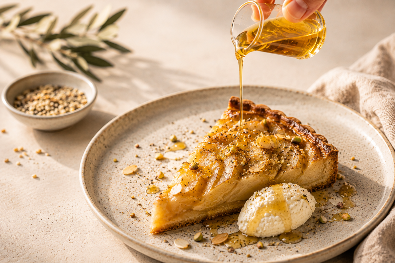 A poached pear dessert with sesame oil
