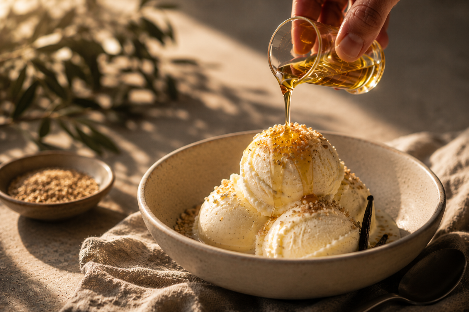 Ice cream scoops drizzled with sesame oil