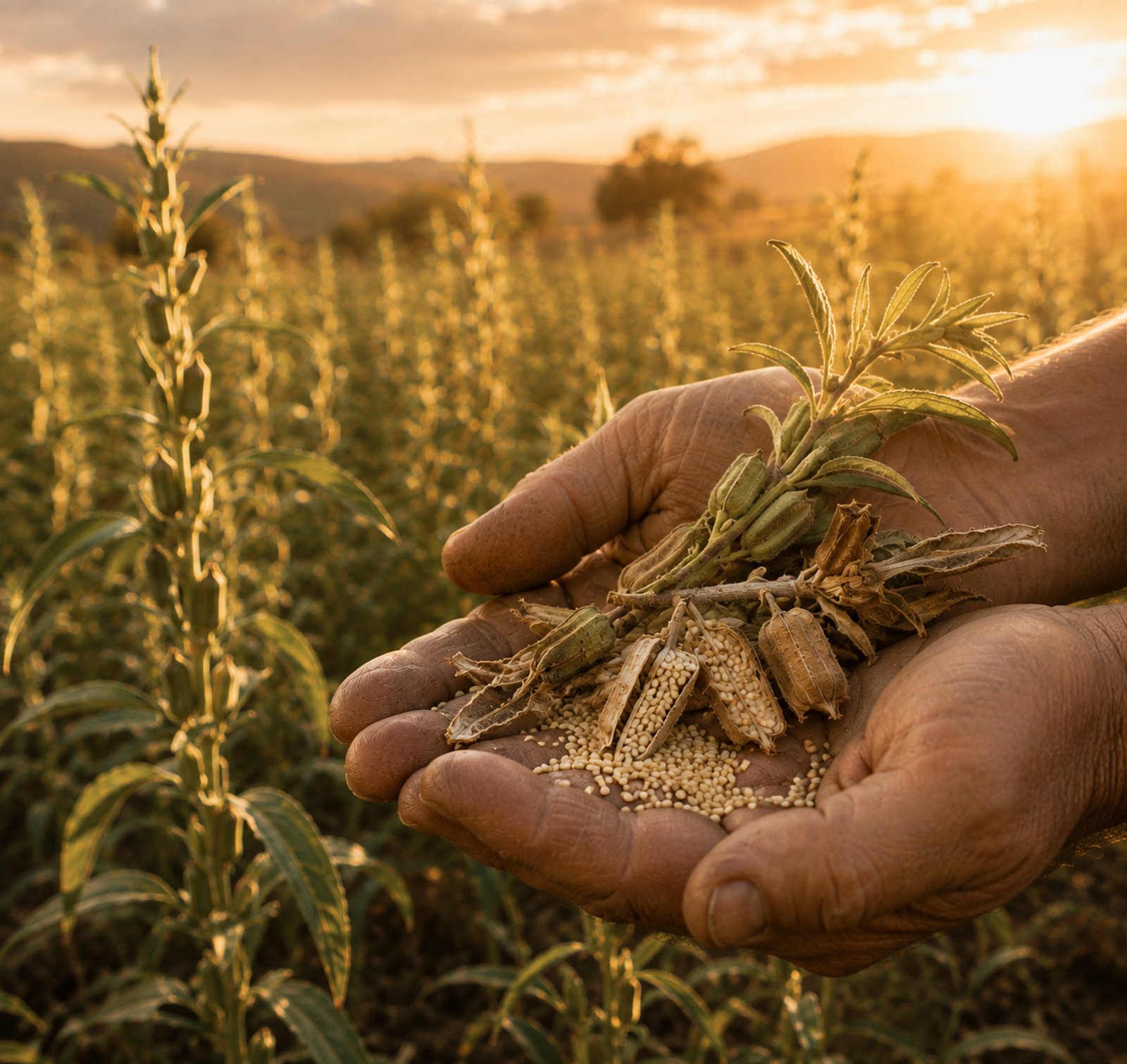 Close-up of two cupped hands holding harvested sesame pods and loose seeds, with rows of sesame plants in a sunset field behind them.