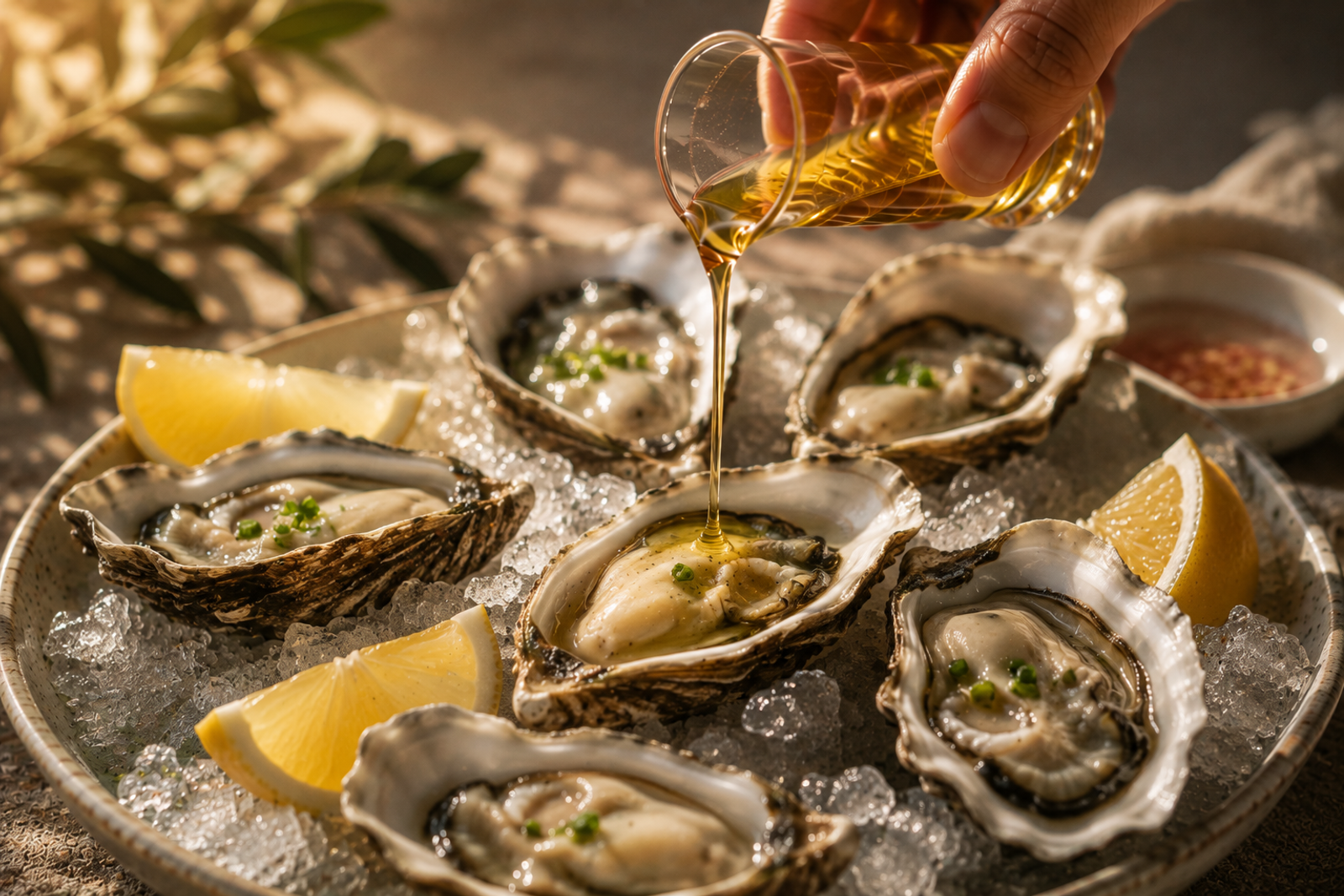 Fresh oysters on ice finished with sesame oil