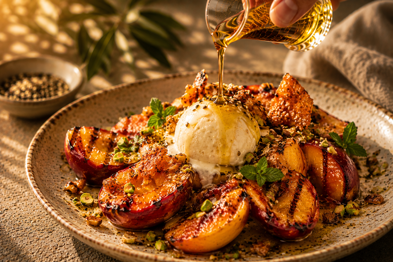 Grilled peaches with burrata and sesame oil