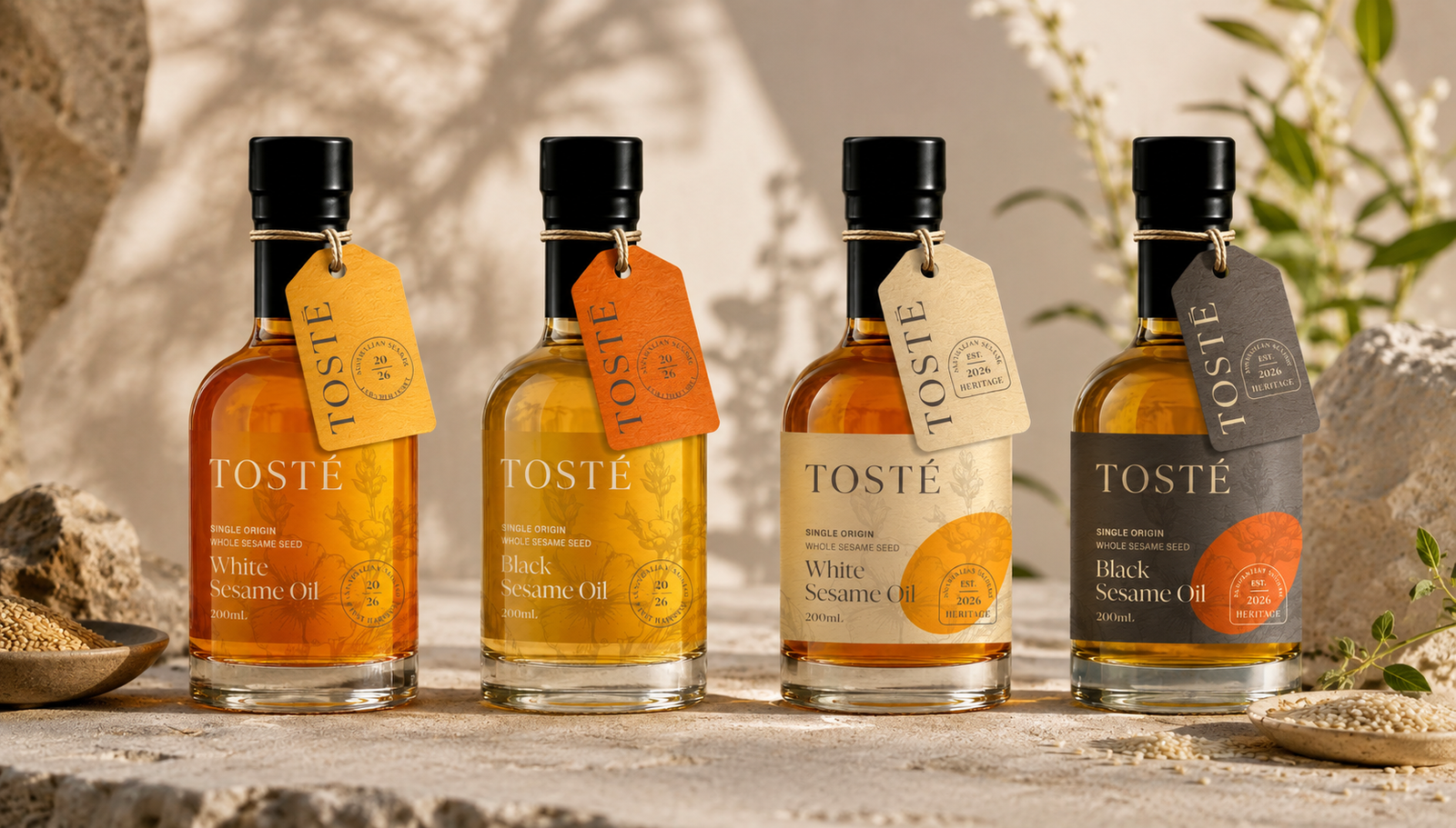 Four TOSTÉ sesame oil bottles in a row — two White Sesame Oil, two Black Sesame Oil — each with a different coloured hang-tag, standing on stone among sesame seeds and greenery.