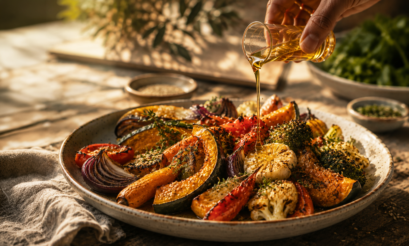 Roasted vegetables drizzled with sesame oil