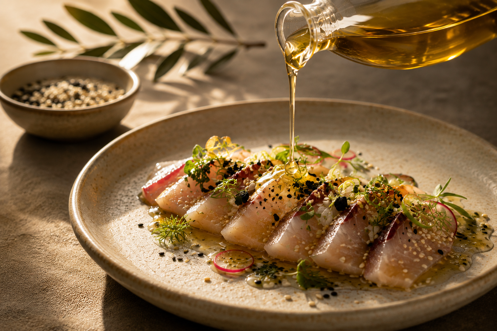 Overhead view of sliced fish plated with herbs and radish, with oil being poured from a small jug; a bowl of mixed sesame seeds and an olive branch sit alongside.