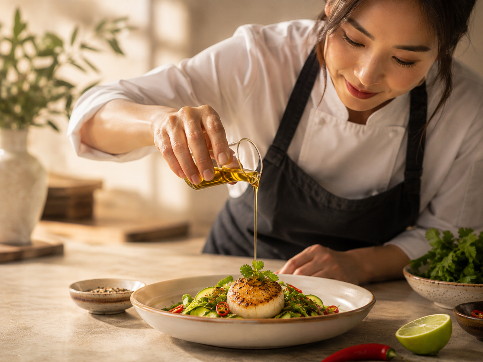 A chef finishing a plated scallop with sesame oil