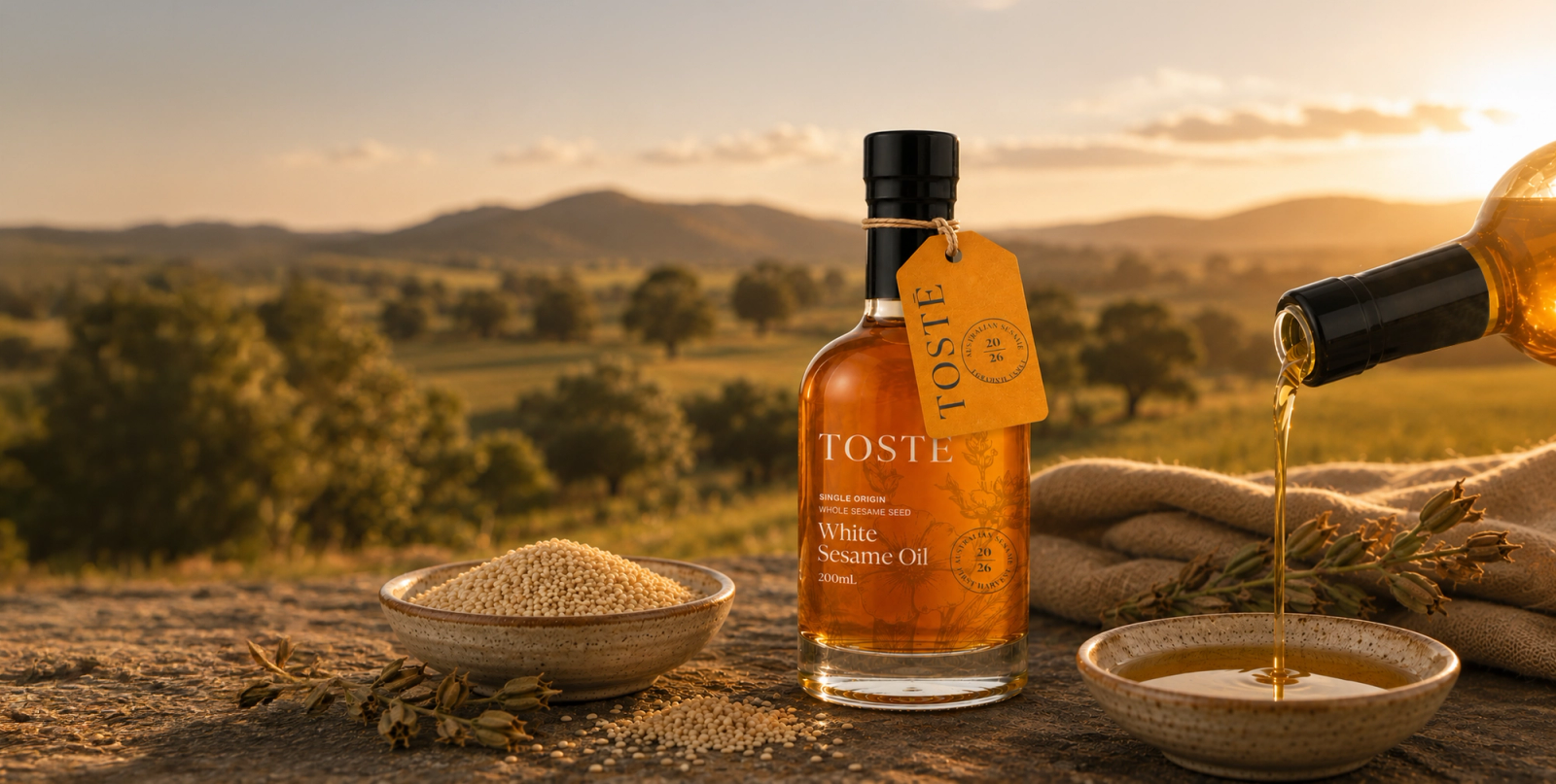A TOSTÉ White Sesame Oil bottle with an orange hang-tag standing in a sesame field at sunset, with a second bottle pouring oil into a small bowl and a bowl of sesame seeds beside it.