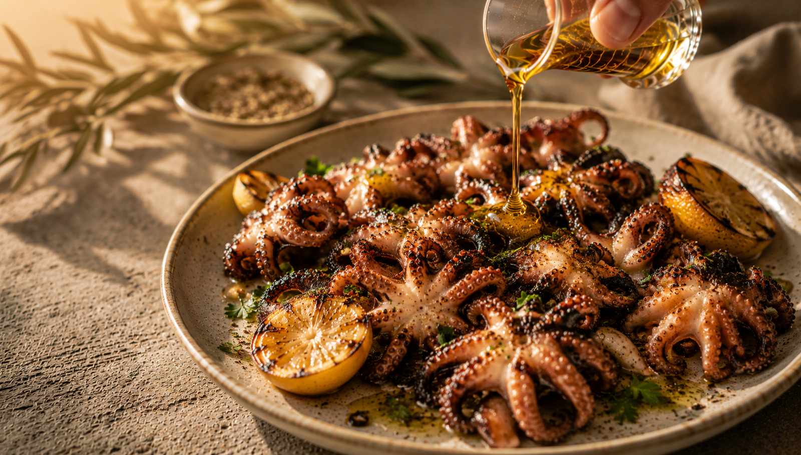 Charred octopus drizzled with sesame oil