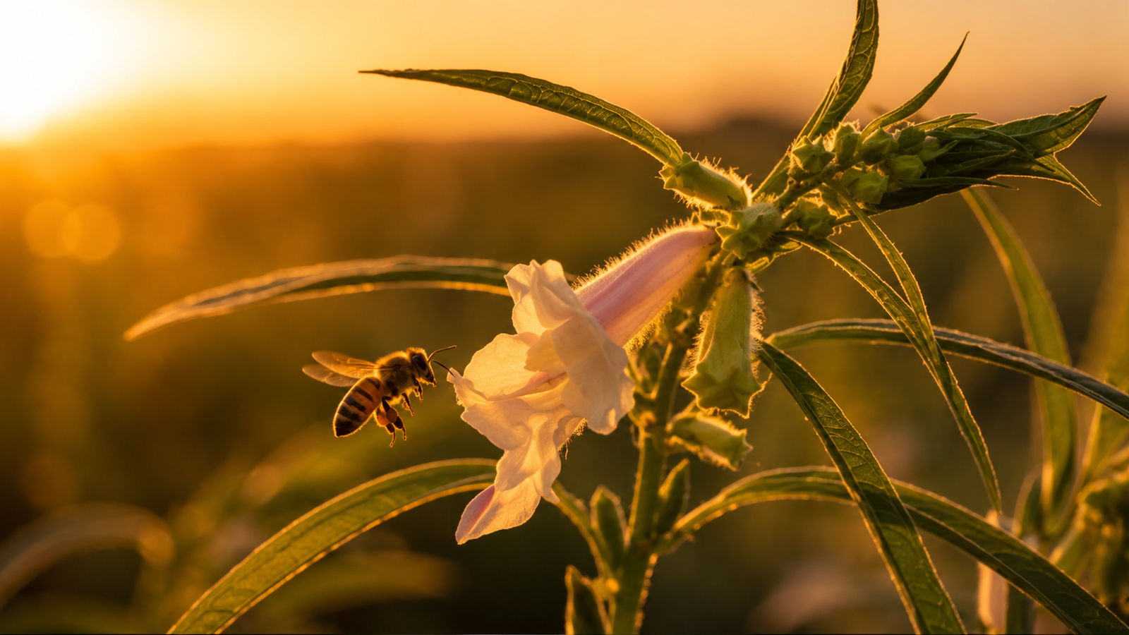 A bee visiting a sesame flower at sunset