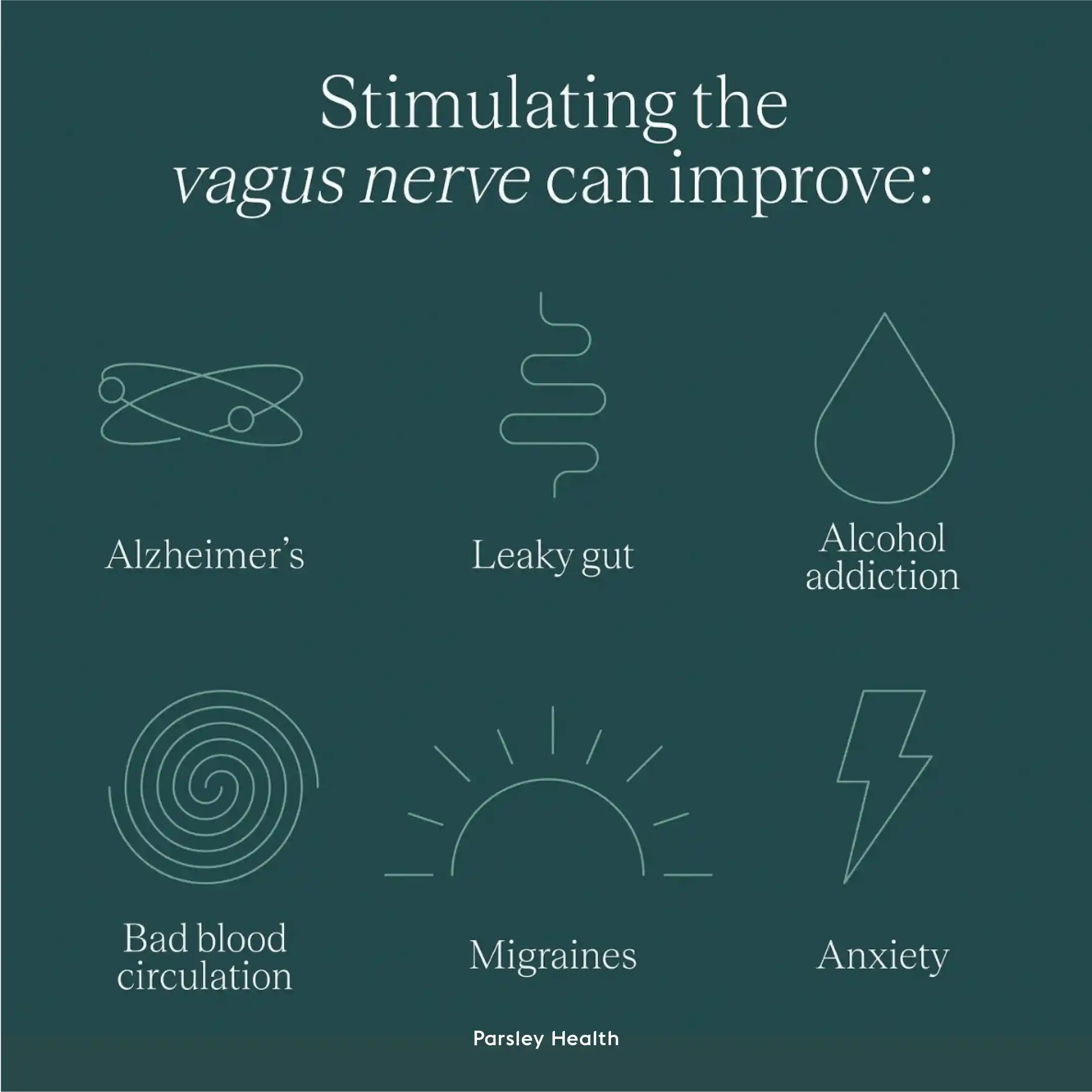 Stimulating the vagus nerve can improve: alzheimer's, leaky gut, alcohol addiction, bad blood circulation, migraines, anxiety