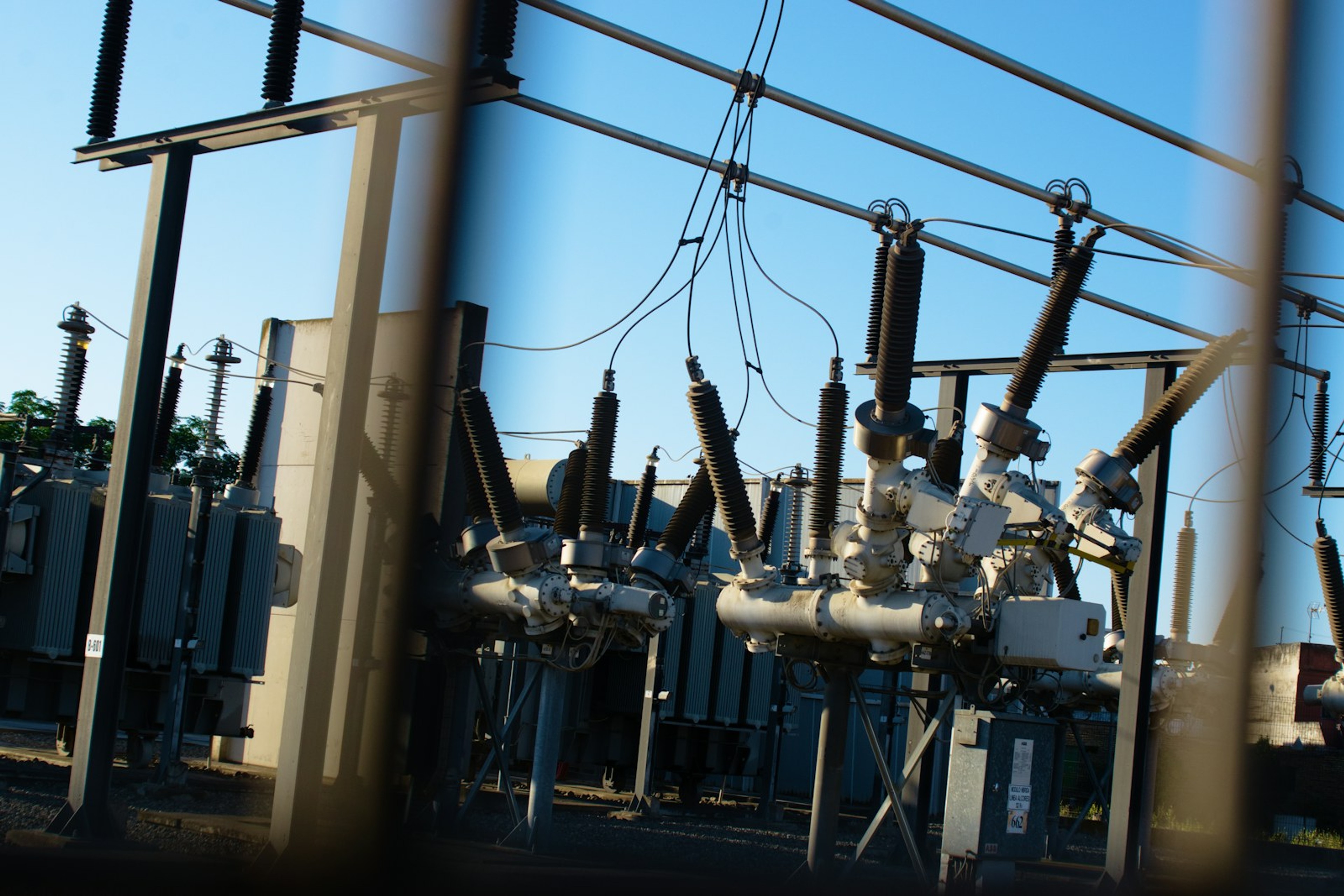 Substation yard with busbars and insulators
