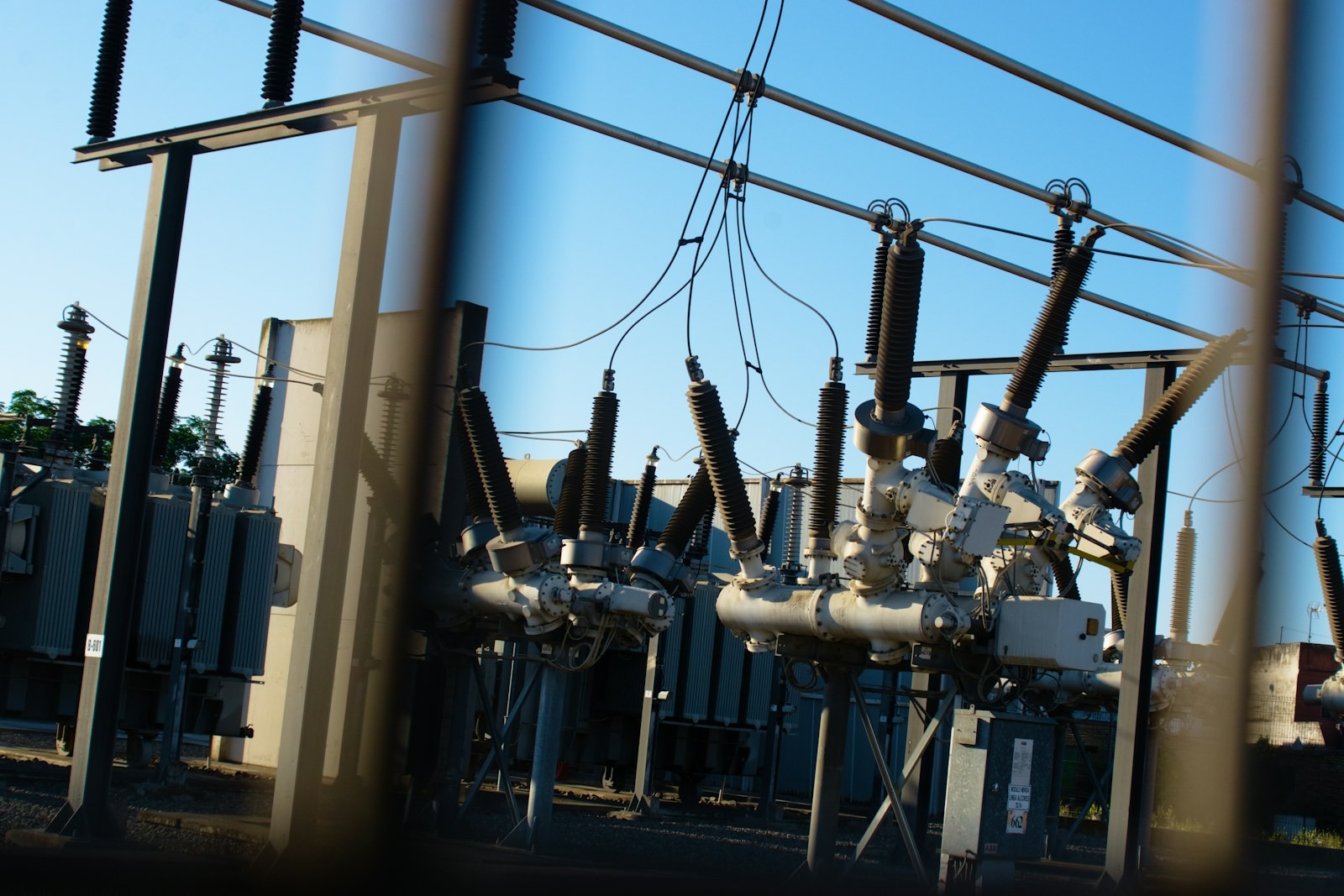 Substation yard with busbars and insulators