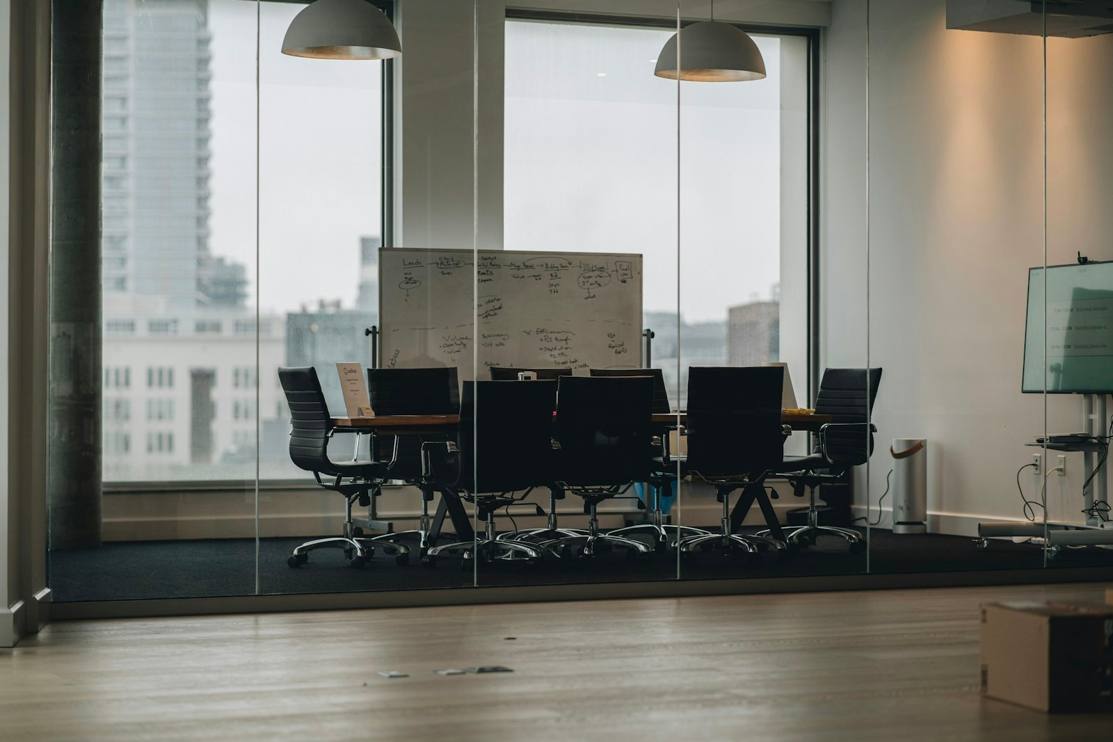 Workplace by a window with a view over the city