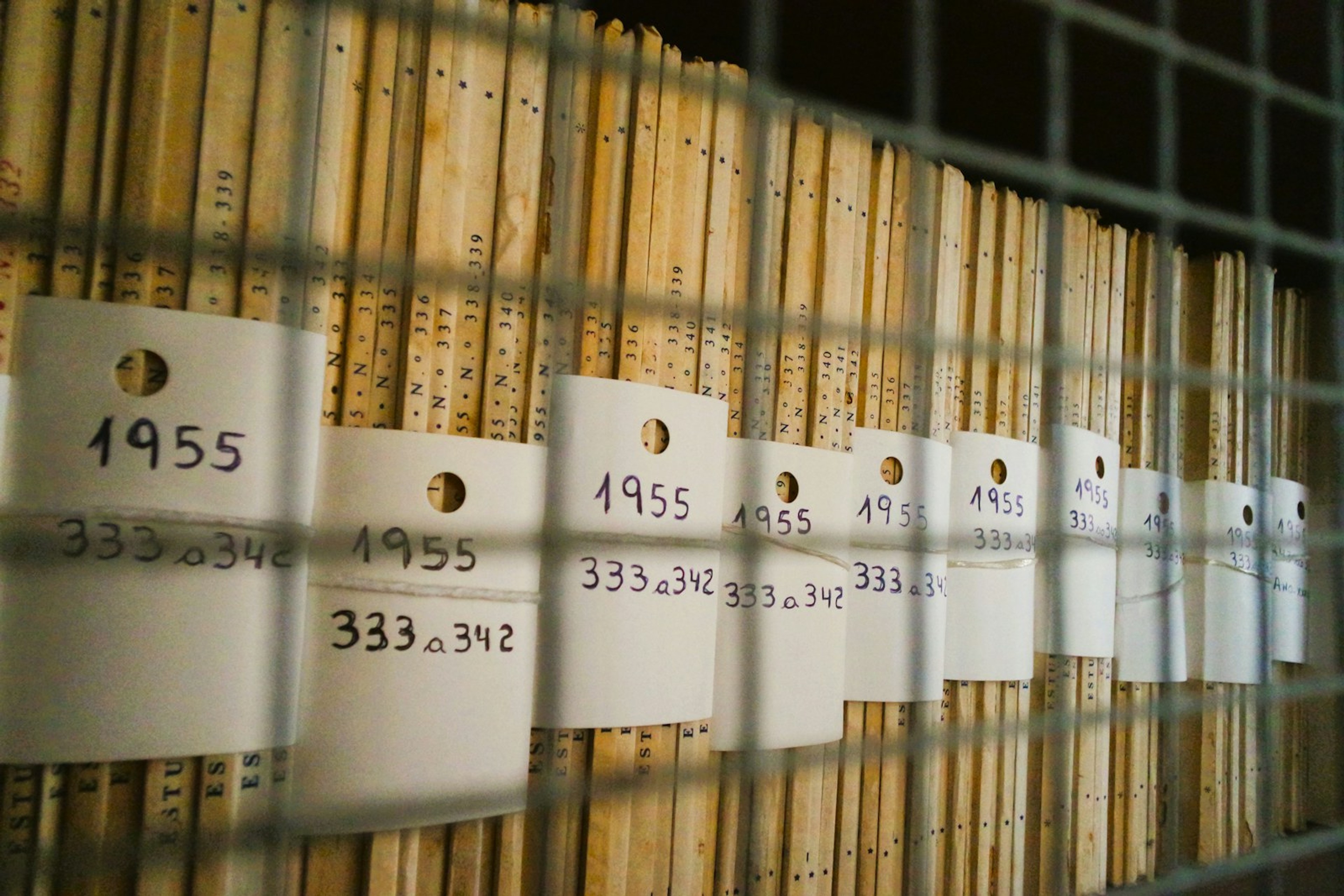 Labelled archive boxes in a long row