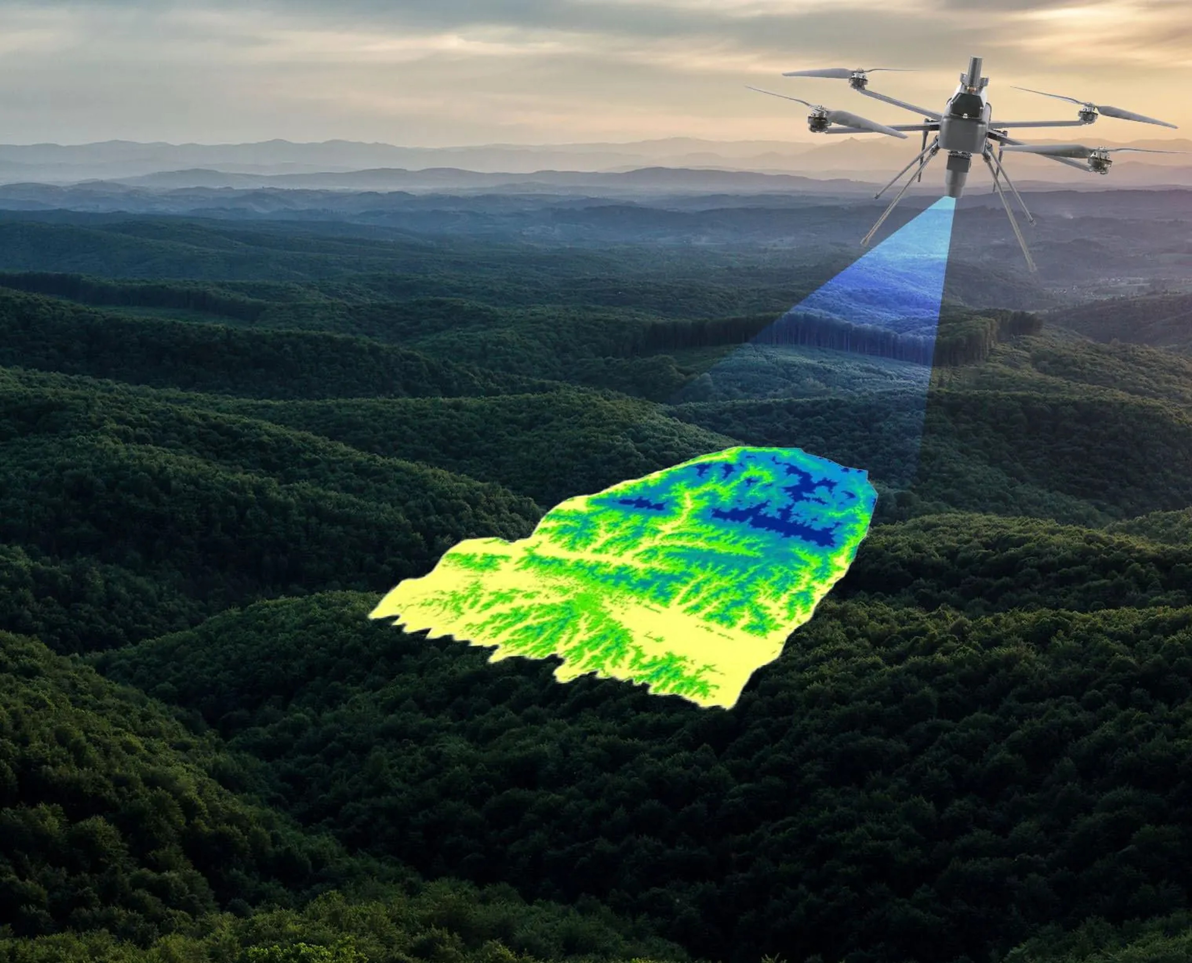 Digital surface model draped over forested hills, captured from the air