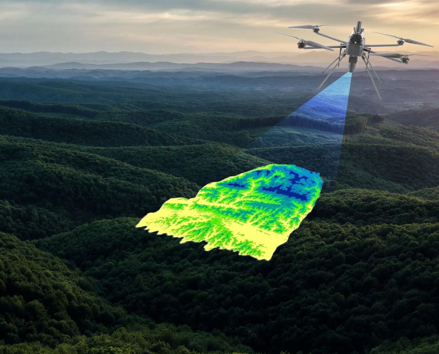 Digital surface model draped over forested hills, captured from the air