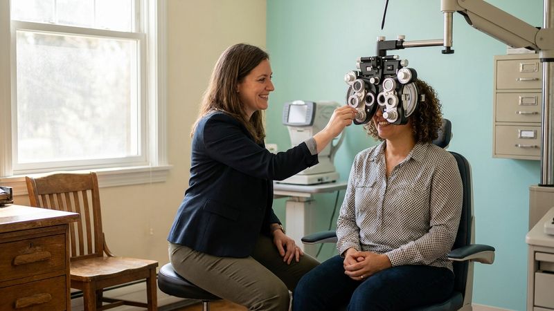 Optometrist performing an eye exam with a phoropter at HANDS Clinic