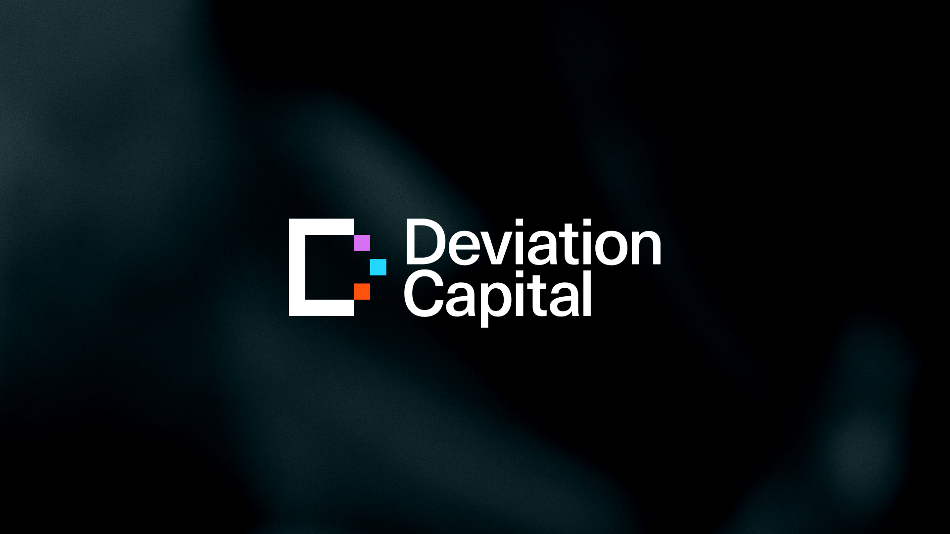 Logo for Deviation Capital: a white outline of an open square with three small colored squares (purple, blue, orange) inside the opening, alongside the stacked white text 'Deviation Capital'.
