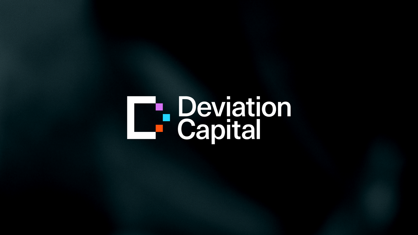 Logo for Deviation Capital: a white outline of an open square with three small colored squares (purple, blue, orange) inside the opening, alongside the stacked white text 'Deviation Capital'.