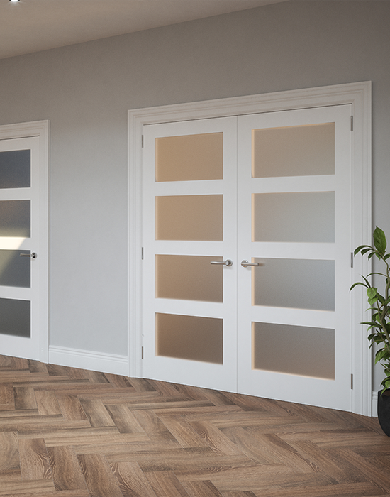 kirkland primed shaker 4 panel etchglass door in living room 2