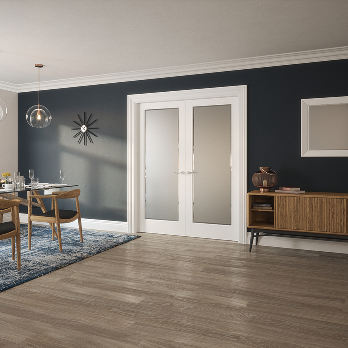 kenmore white primed etch glass clear border in living room 2