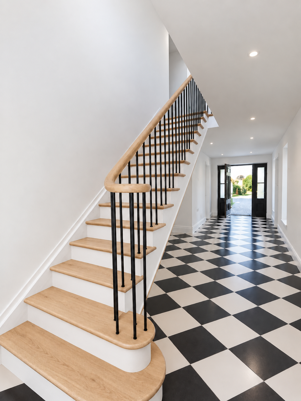 Softwood cutstring with oak treads and continuos handrail, powdered coated solid steel spindles