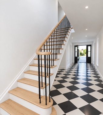 Softwood Cutstring Stairs With Oak Treads And Continuous Handrail Softwood cutstring with oak treads and continuos handrail, powdered coated solid steel spindles