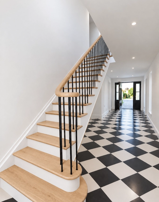 Softwood cutstring with oak treads and continuos handrail, powdered coated solid steel spindles