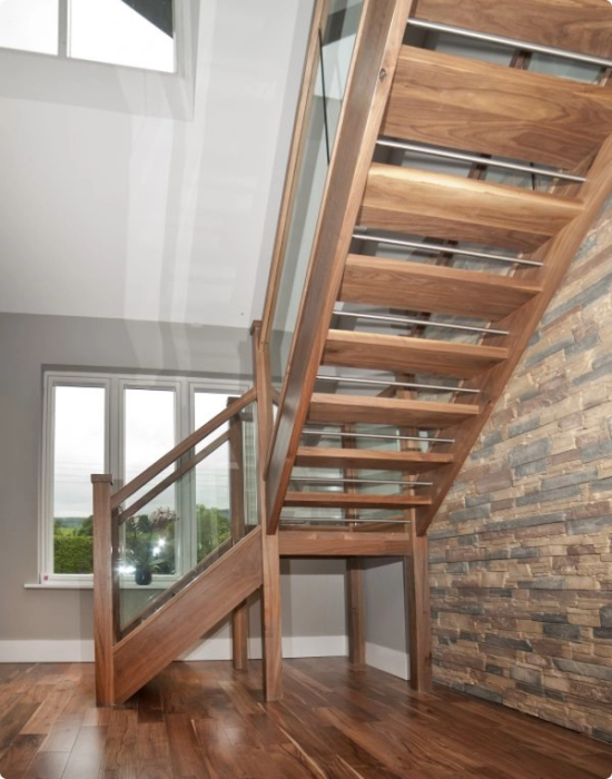 closed string open riser walnut stairs