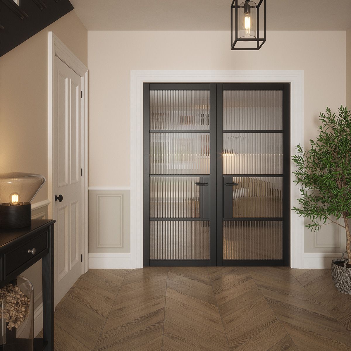 portland 4 lite reeded glazed door black in hall 2