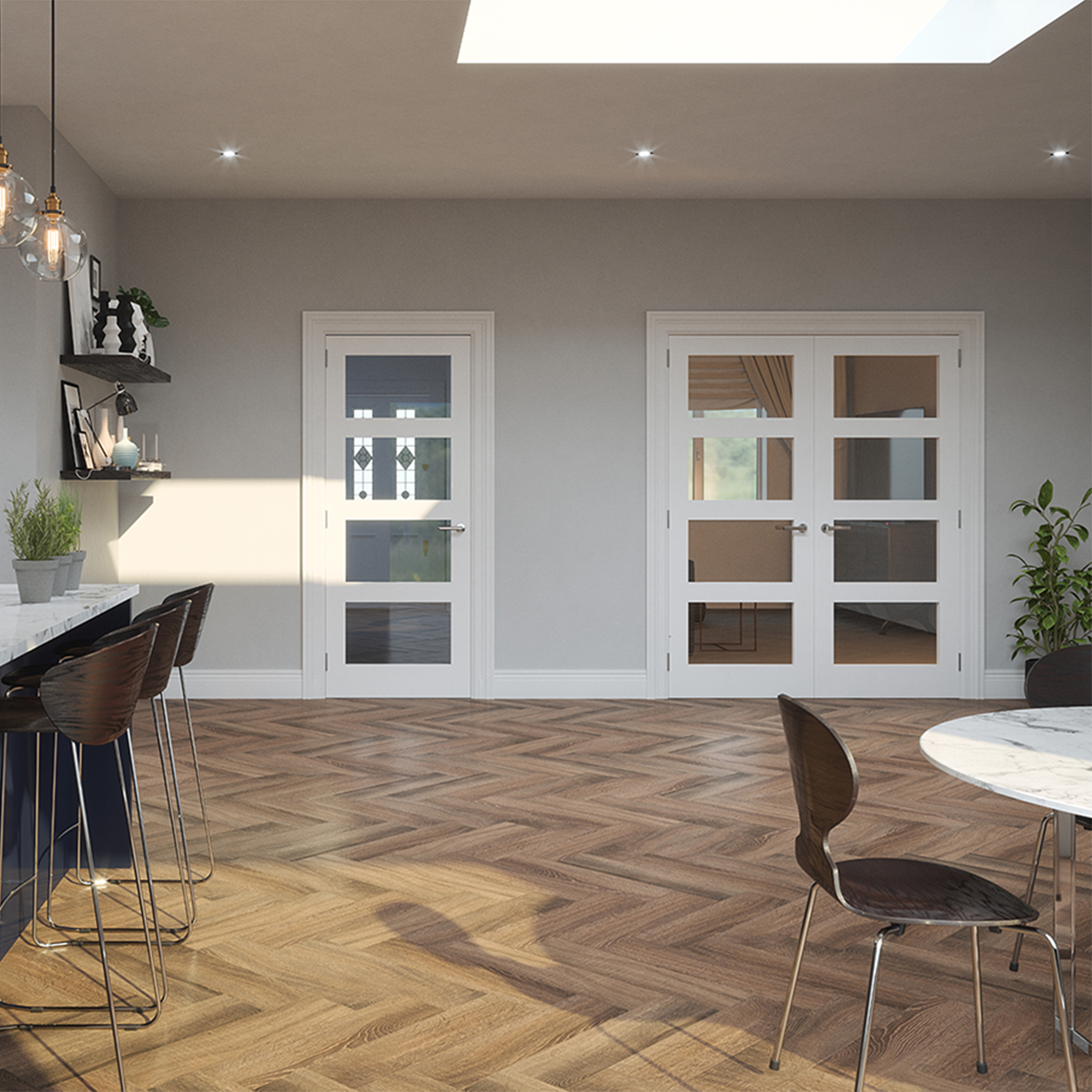 kirkland primed shaker 4 panel clearglass door in loving room 2