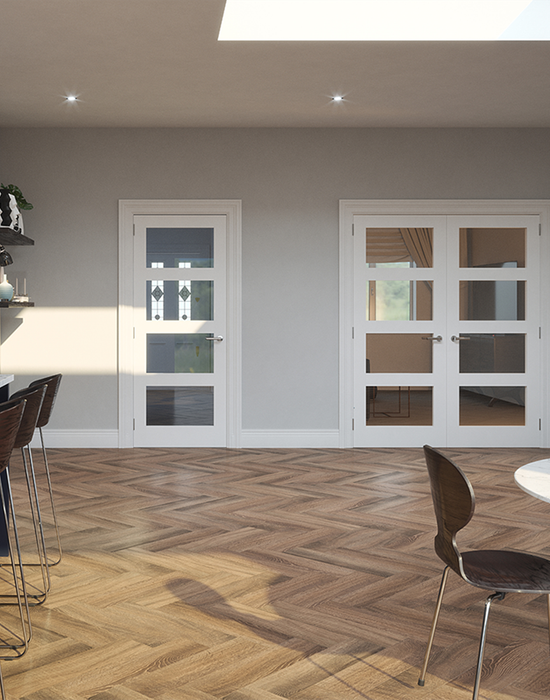 kirkland primed shaker 4 panel clearglass door in loving room 2