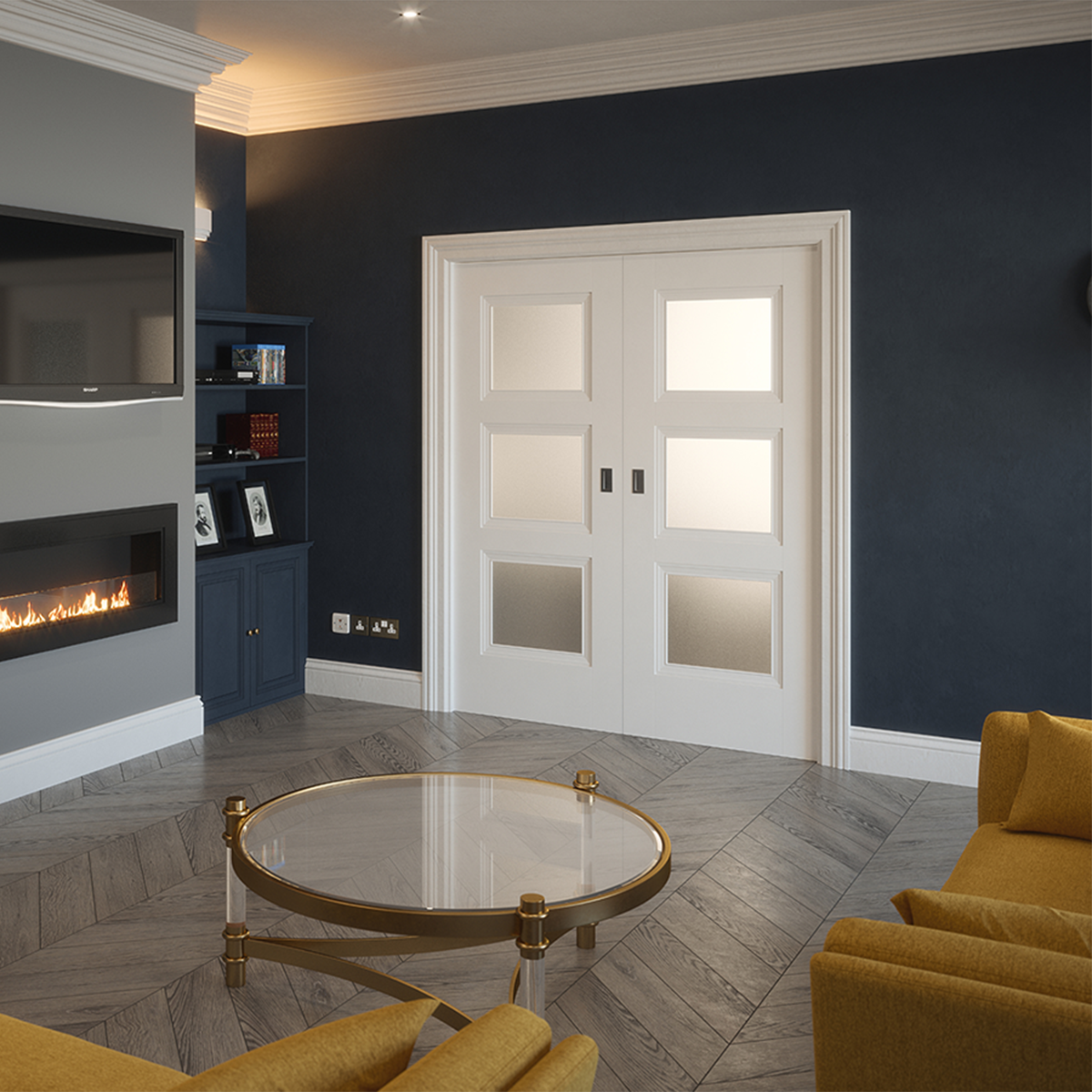 franklin white primed 3 panel frosted glazed door in living room 2