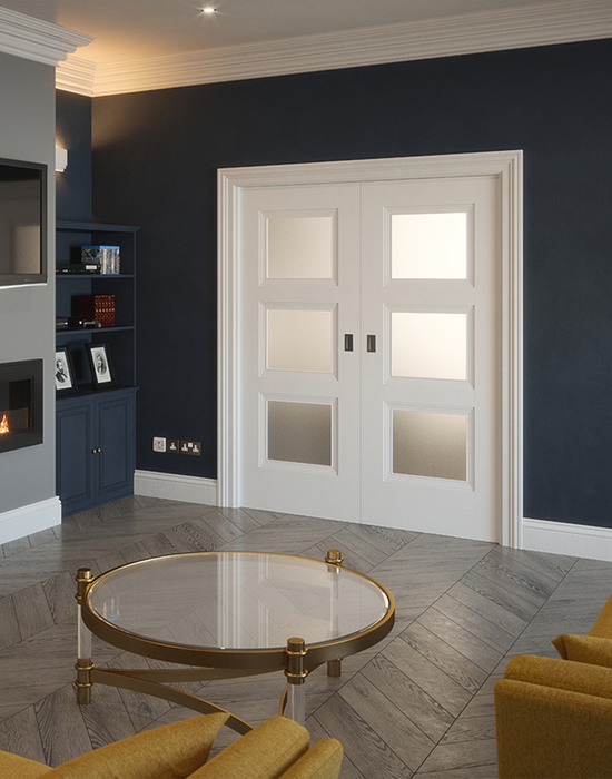 franklin white primed 3 panel frosted glazed door in living room 2