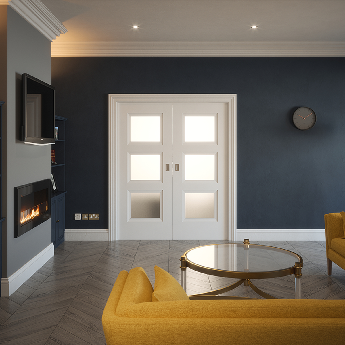 franklin white primed 3 panel frosted glazed door in living room