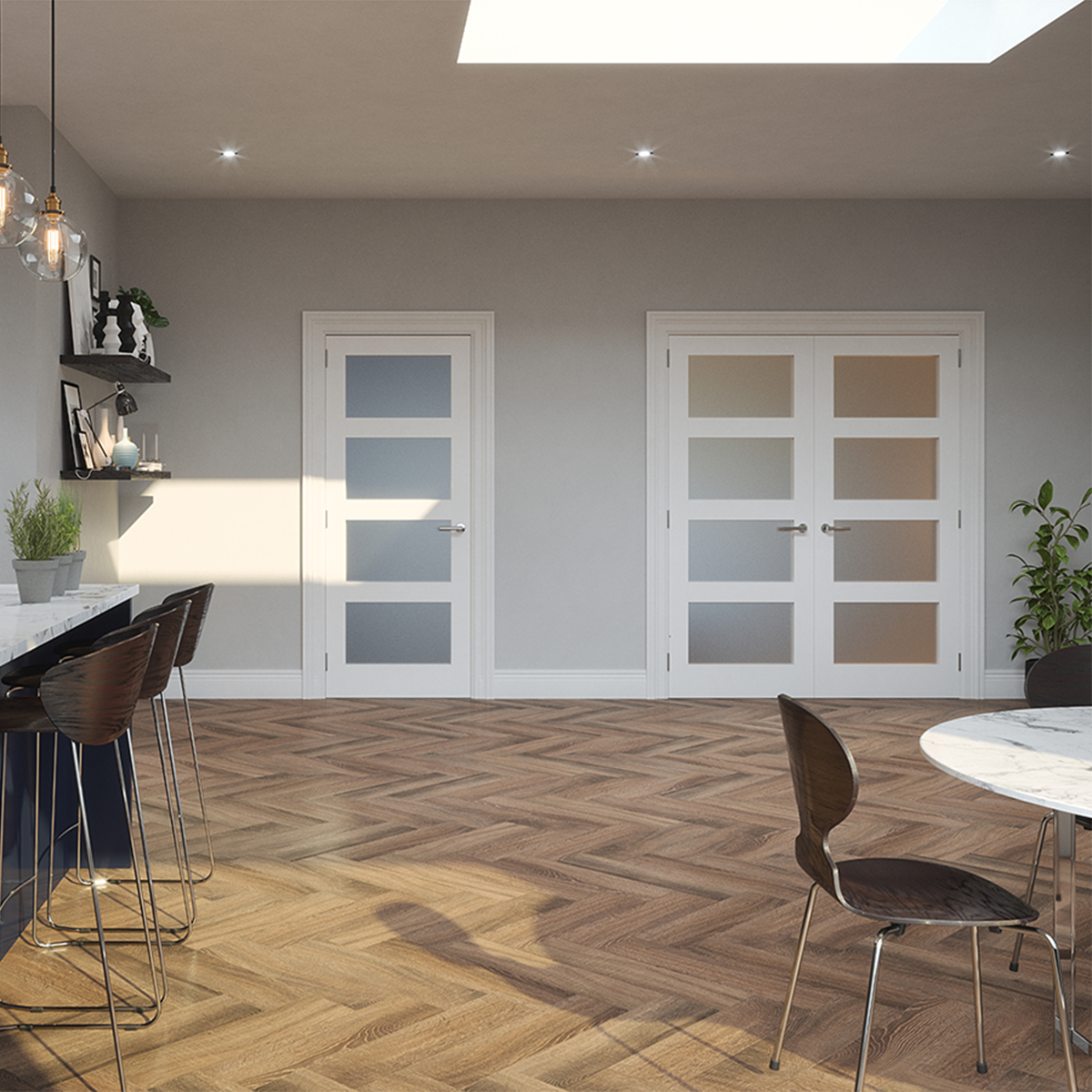 kirkland primed shaker 4 panel etchglass door in living room