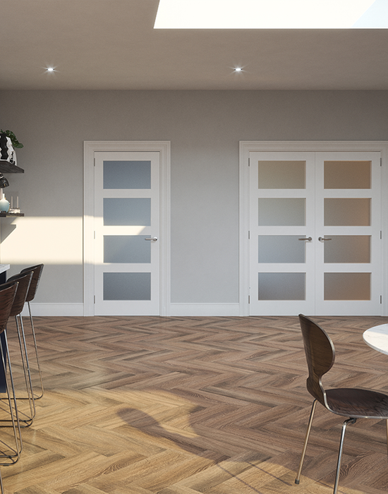 kirkland primed shaker 4 panel etchglass door in living room