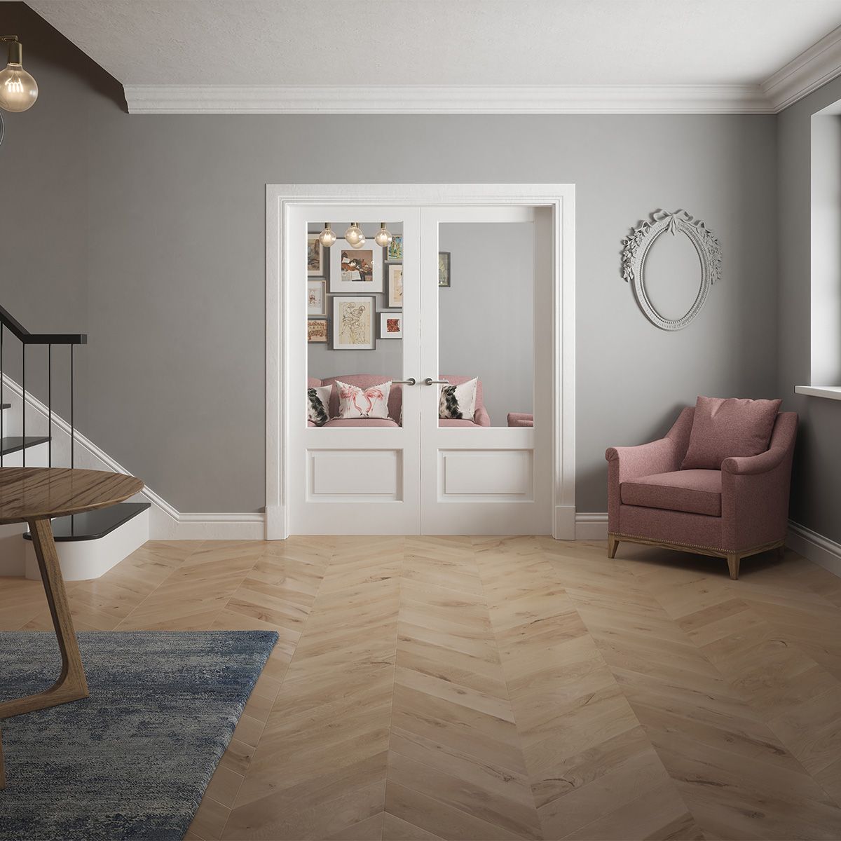 dover 1p1l clear glazed white primed door in living room 2